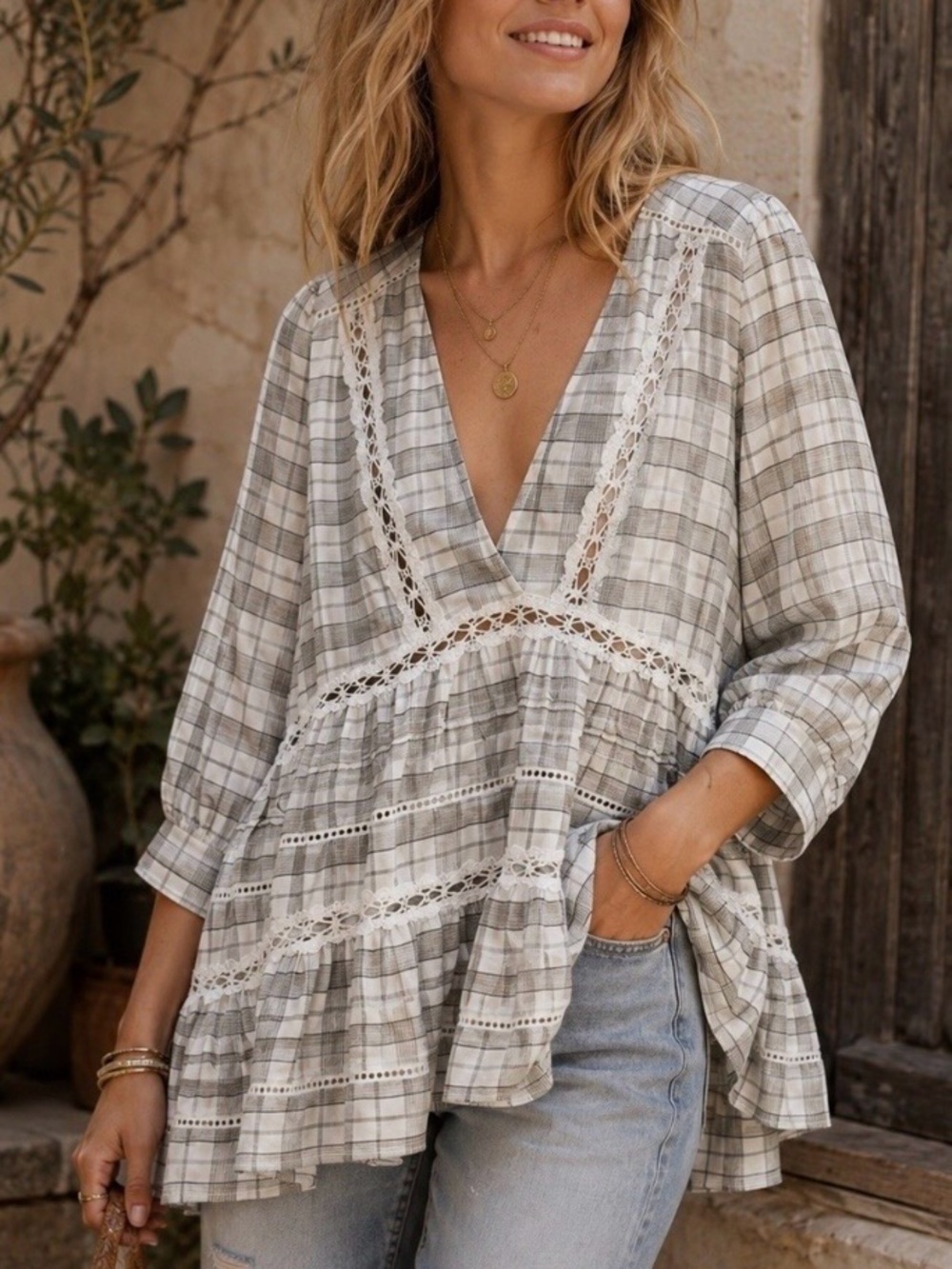 Free People "Time Out" Plaid Lace Babydoll Tunic Top - Size L